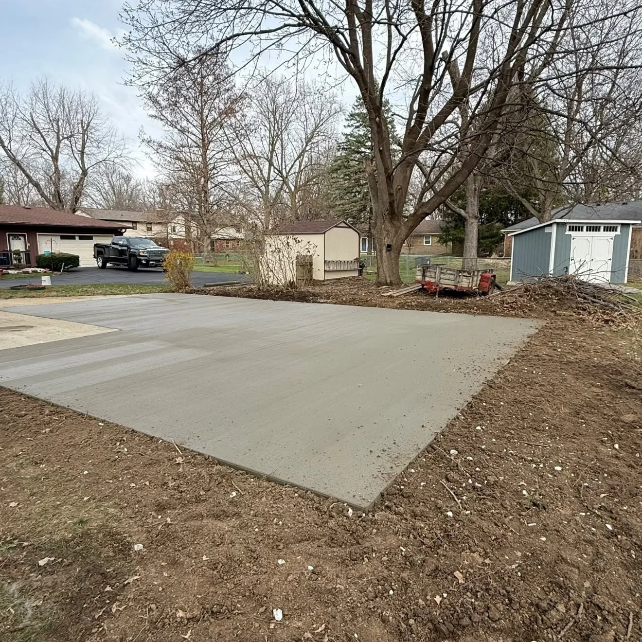 Fresh concrete slab in a yard